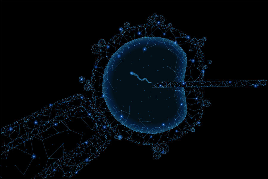 Abstract polygonal light of cell injection. Business wireframe mesh spheres from flying debris. Artificial insemination concept. Blue structure style raster illustration with geometry triangles.